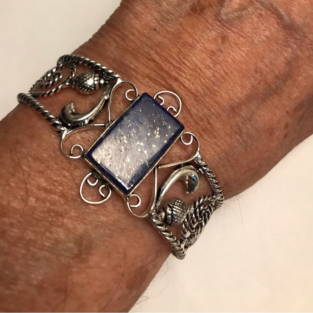 Lapis Lazuli Stamped 925 Sterling Silver Cuff Bracelet